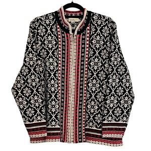 Appleseeds Womens 2X Fair Isle Snowflake Full Zip Cardigan Sweater Black Red